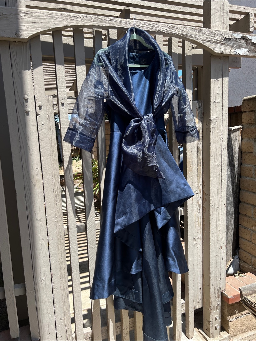 Adrianna Papell Navy Satin Evening Gown Cape with Sheer Organza Sleeves size 14